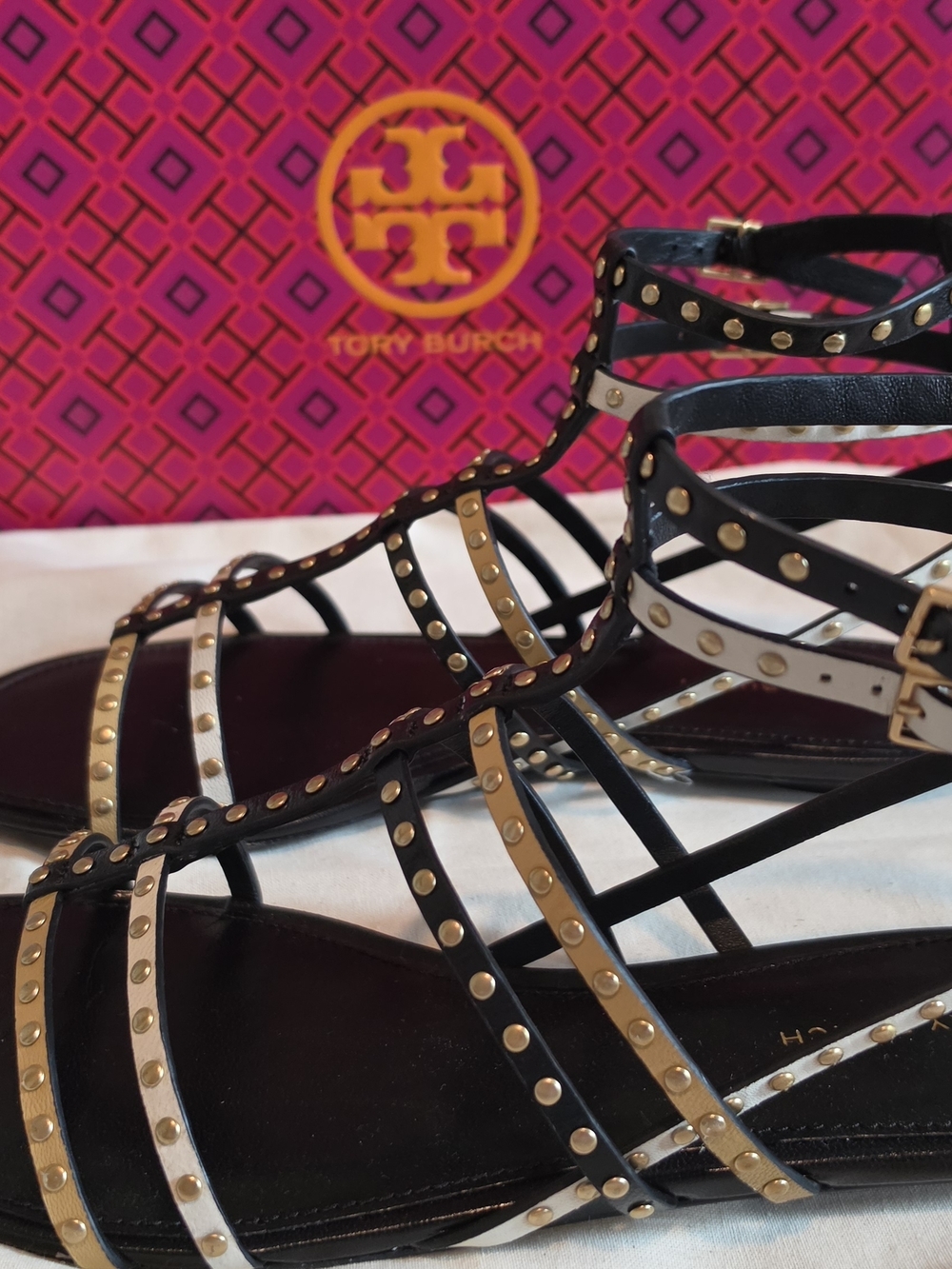 Tory Burch Black Leather Studded Gladiator Sandals - Picture 6 of 14